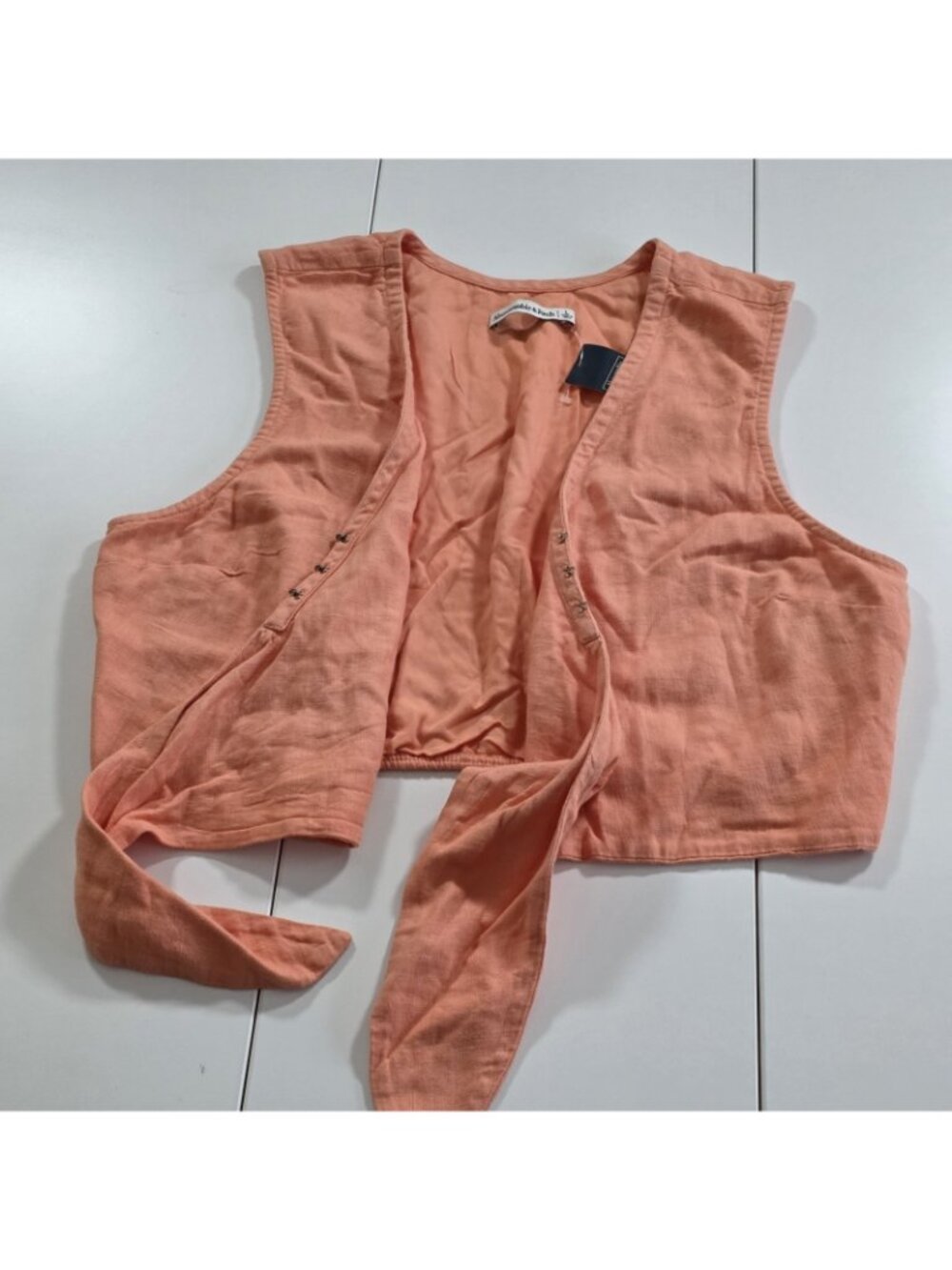 Abercrombie & Fitch Cropped Top Womens L Coral Tie Front Linen Blend Sleeveless - Picture 10 of 16